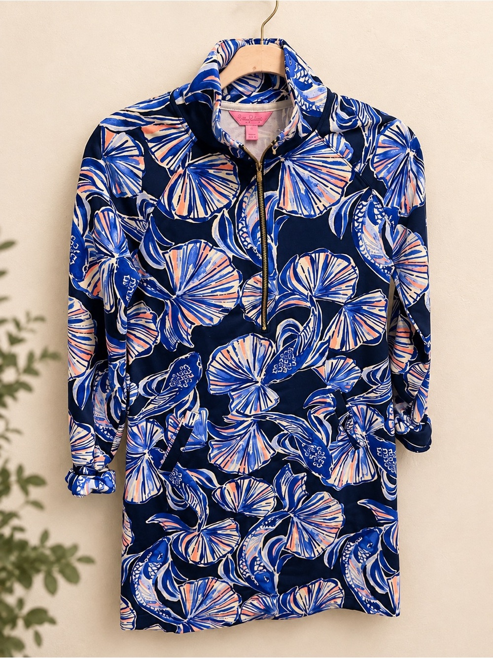 Lilly Pulitzer Navy Blue Floral Half-Zip Tunic with Pink Accents